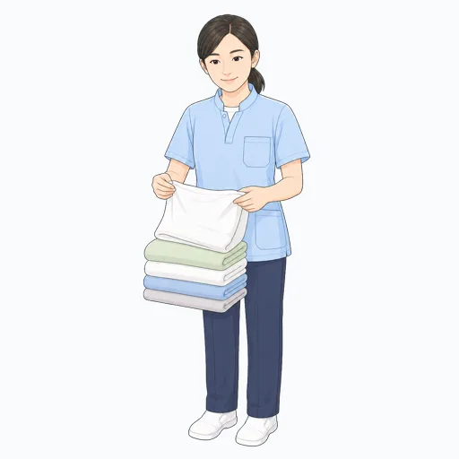 洗濯物をたたむ女性介護スタッフのイラスト