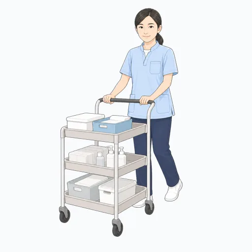 介護カートを押す女性介護スタッフのイラスト