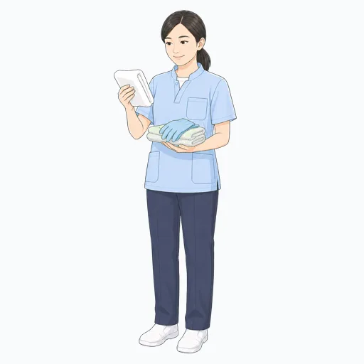 介護用品を確認する女性介護スタッフのイラスト