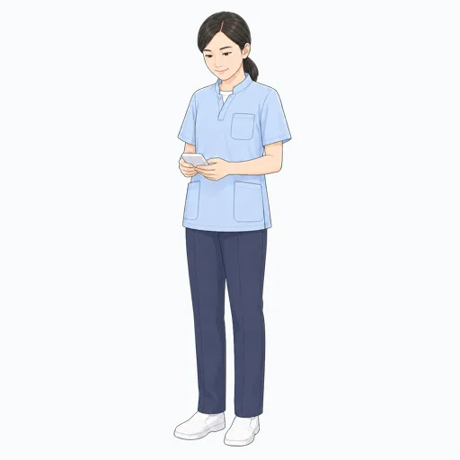 呼び出し端末を確認する女性介護スタッフのイラスト