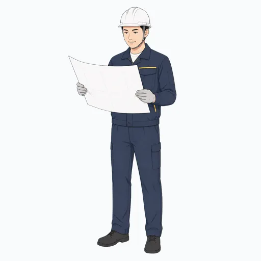 図面を確認する男性建設スタッフのイラスト
