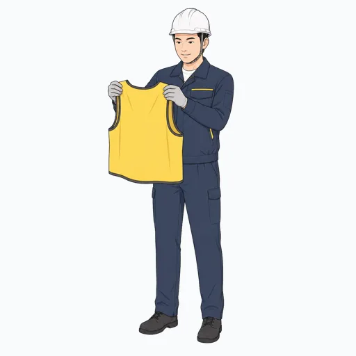 安全ベストを確認する男性建設スタッフのイラスト