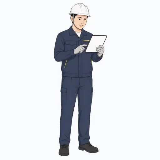 タブレットで現場確認する男性建設スタッフのイラストのイラスト