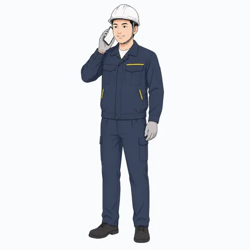 スマートフォンで連絡する男性建設スタッフのイラストのイラスト