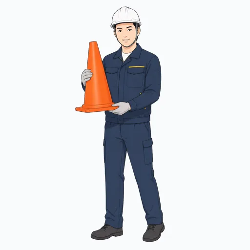 カラーコーンを持つ男性建設スタッフのイラスト