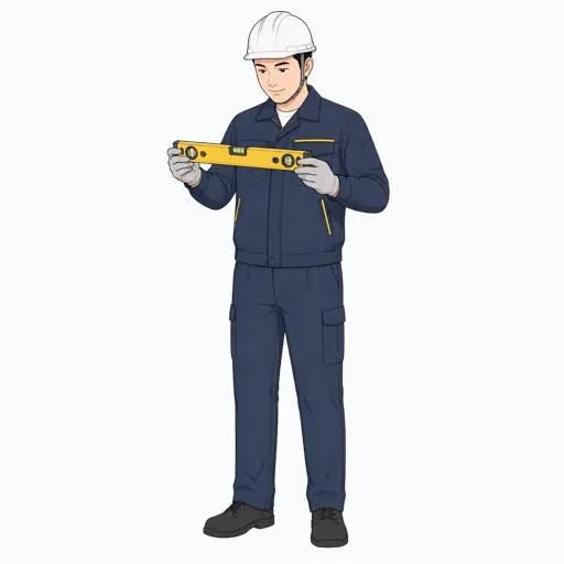 水平器を確認する男性建設スタッフのイラスト