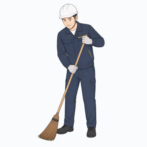 作業場所を清掃する男性建設スタッフのイラスト