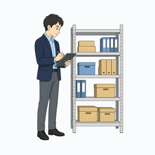 棚の備品数を確認するスタッフ