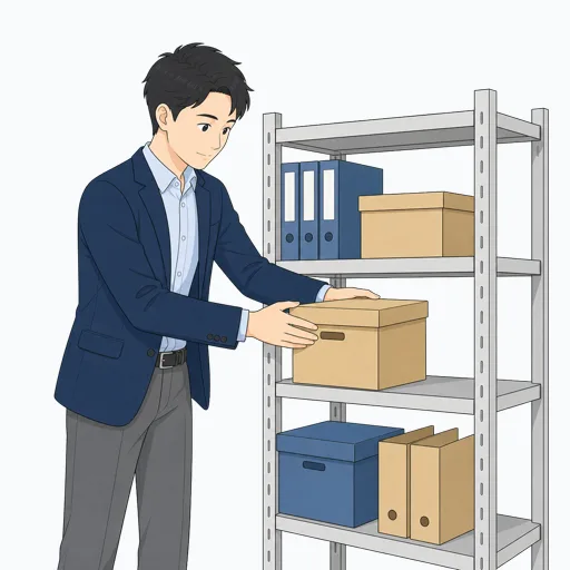 備品棚を整理するスタッフ